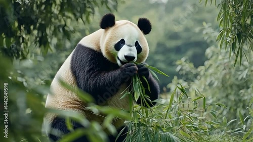 Giant Panda Eating Bamboo in Natural Habitat Surrounded by Lush Greenery and Trees