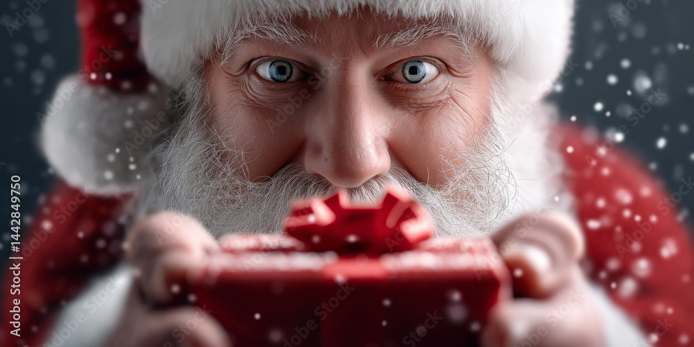 Weihnachtsmann mit begeistertem Blick präsentiert ein rotes Geschenk vor dunklem Hintergrund