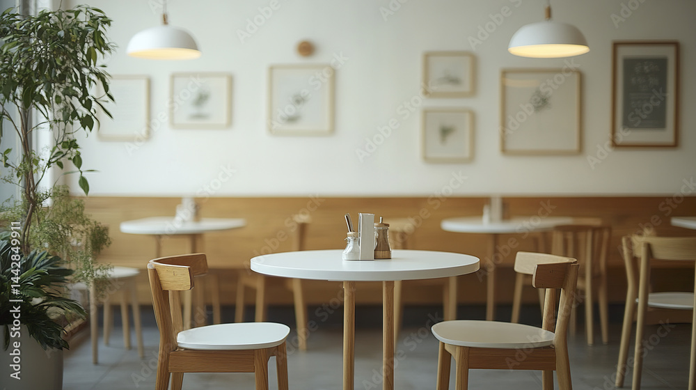 Minimalist cafe interior with wooden chairs and white tables, creating calm atmosphere Minimalist cafe interior with wooden chairs and white tables, creating calm atmosphere