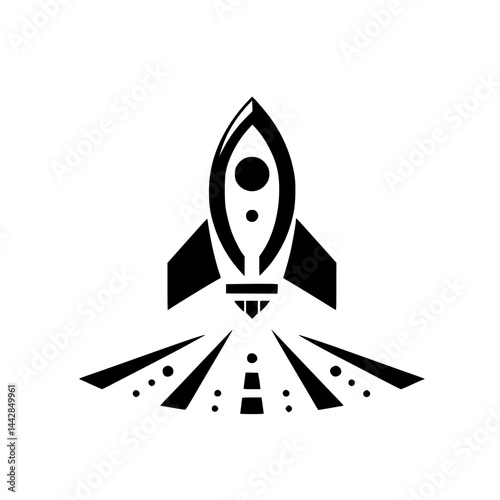 Fototapeta Naklejka Na Ścianę i Meble -  Minimalist Black and White Rocket Icon Launching. Stylized graphic illustration of a space ship taking off with geometric exhaust.