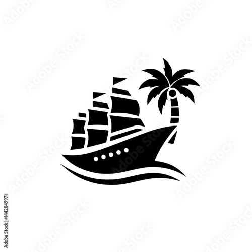 Minimalist Black Silhouette Ship and Palm Tree Icon - Tropical Vacation and Travel Symbol