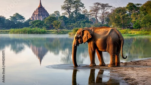 Serene Elephant Near Tranquil Water with Majestic Temple in Background Surrounded by Lush Greenery
