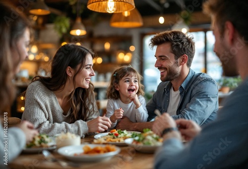 Family Mealtime Merriment: A heartwarming scene of a happy family enjoying a meal together in a restaurant, laughter and smiles fill the air as they share quality time over food.