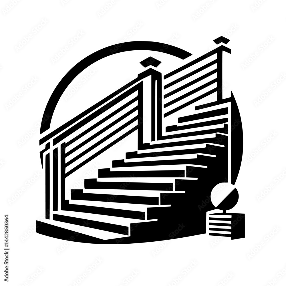 Black and White Geometric Staircase Graphic in Circle - Abstract Architectural Symbol, Art Deco Style
