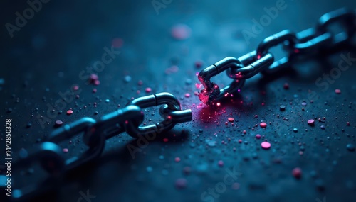 Severed chain links detach from key, dark blue backdrop, severance, oppression