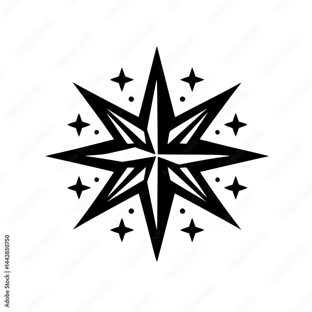 Fototapeta premium Sharp Geometric Black and White Star Graphic with Surrounding Elements