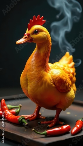 Golden-brown duck, fiery peppers, fragrant steam, studio shot, composition