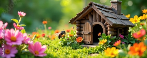 Charming insect hotel nestled amongst summer blooms , flowers, garden ornament, natural habitat