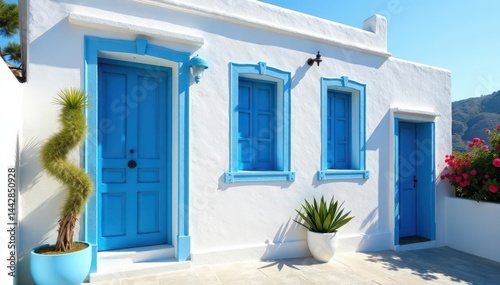 Blue and white building exterior, Grecian style, new, classic, modern