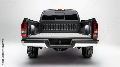 Black pickup truck with open tailgate.