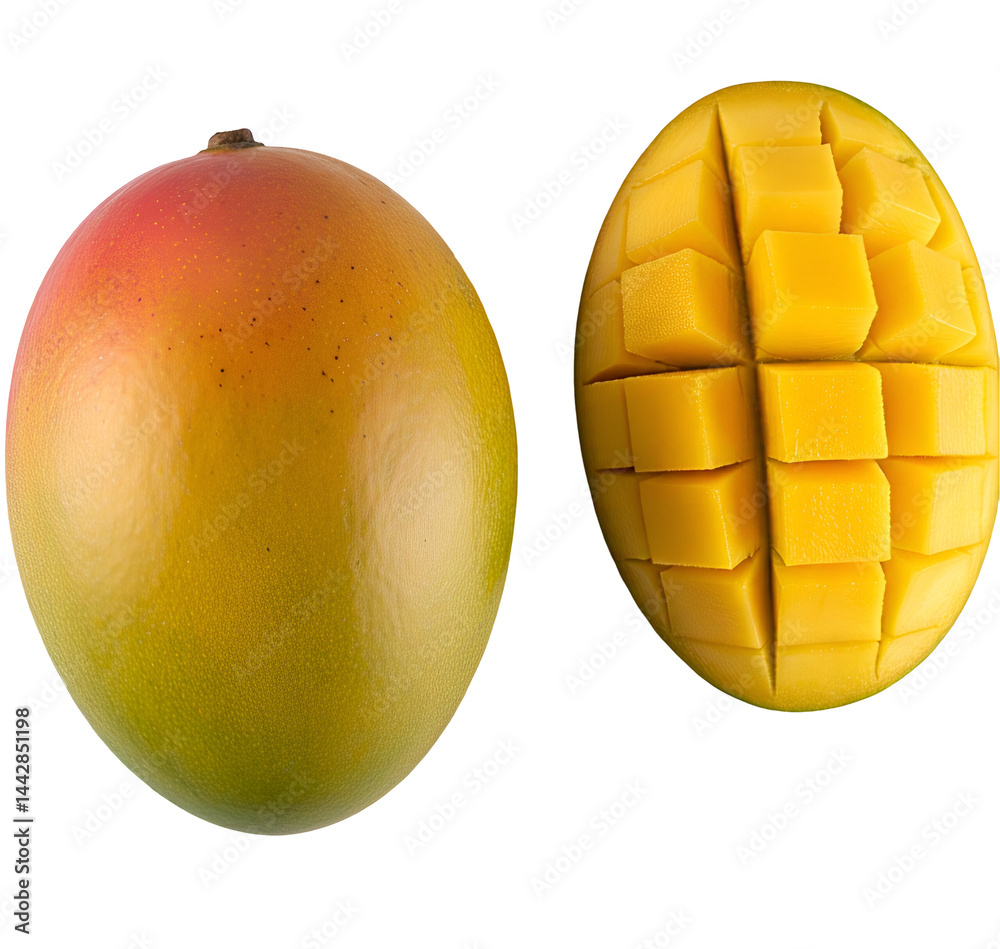 A ripe mango with a half slice, showcasing its vibrant yellow flesh, isolated on a white background.
A ripe mango with a half slice, showcasing its vibrant yellow flesh, isolated on a white background.
