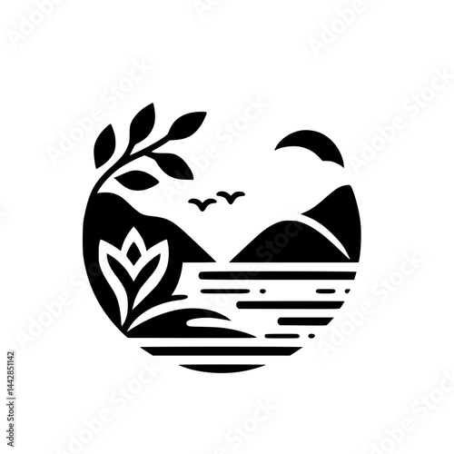 Minimalist Black & White Nature Landscape Illustration. Circular Graphic Design Icon with Mountains, Water, Plant, and Birds. Serene Outdoor Scene.