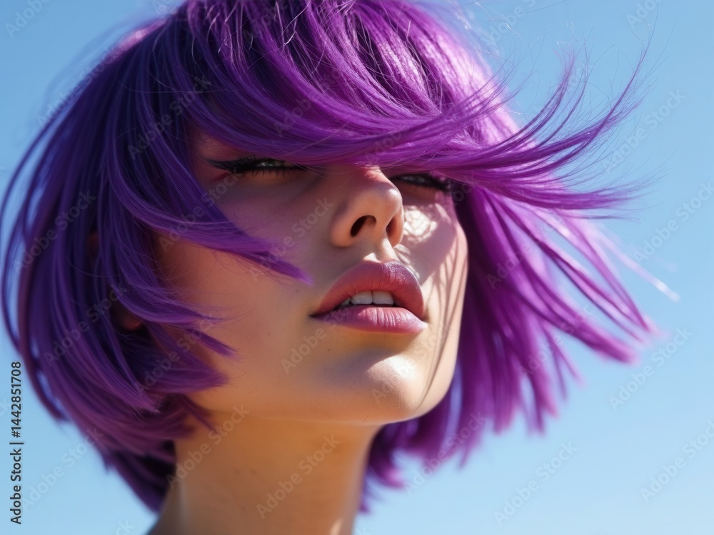 Portrait of a woman with bright colored flying hair, all shades of purple. Hair coloring, beautiful lips and makeup. Hair fluttering in the wind. Sexy girl with short hair.