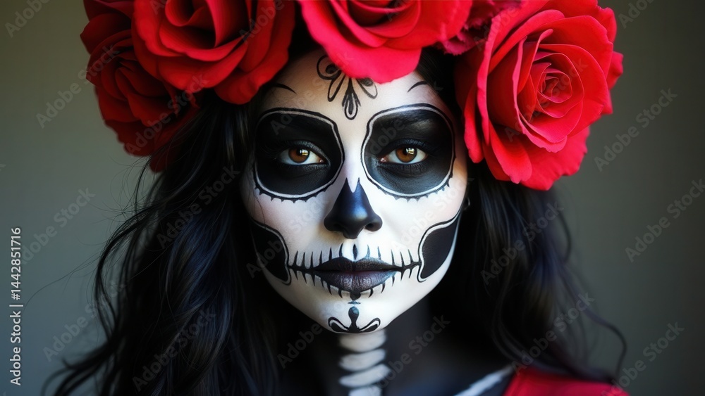 Halloween beauty portrait of a skeleton woman of death, the makeup on the face. Girl death Halloween costume. Day of The Dead. Charming and dangerous Calavera Catrina.
