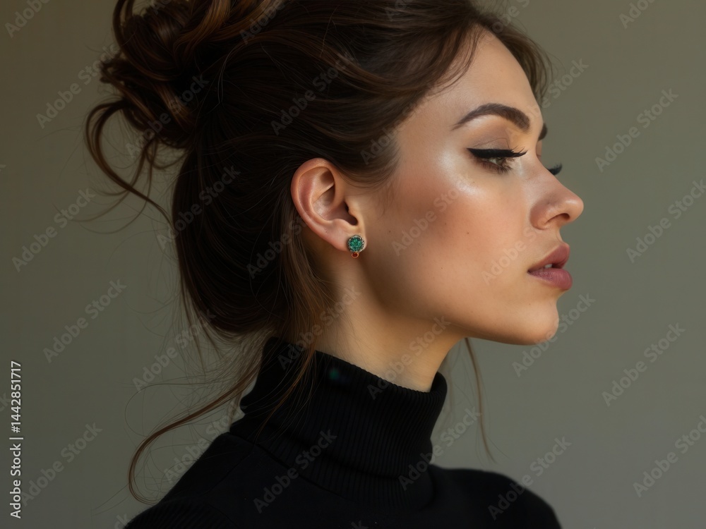 Art portrait woman in black turtleneck. Hair high beam, perfect profile face. Elegant beauty style. Earrings in the ears.