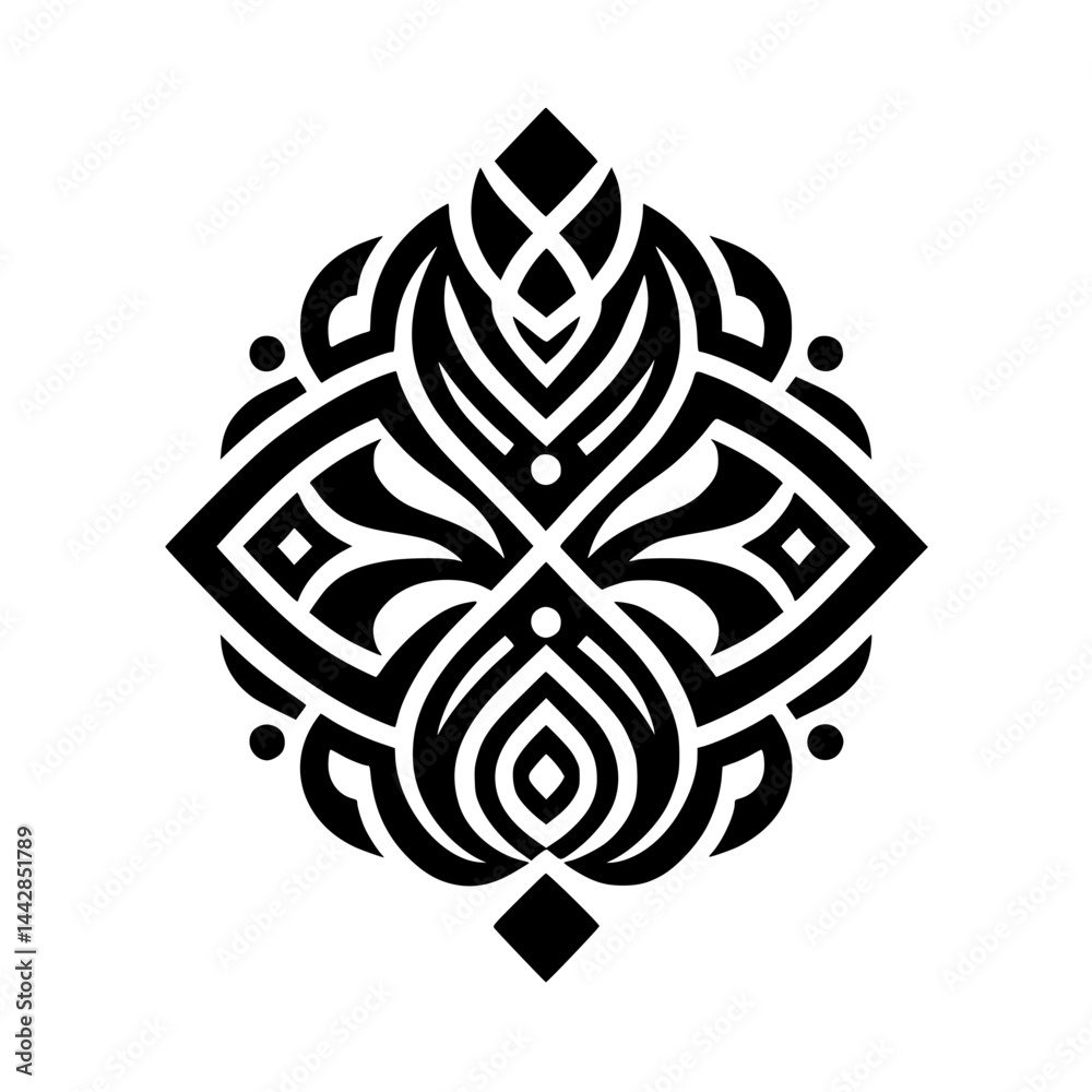 Naklejka premium Abstract Geometric Graphic Design Element. Elegant Black and White Symmetric Ornate Motif. Vector Style for Branding, Decor, Creative Projects.