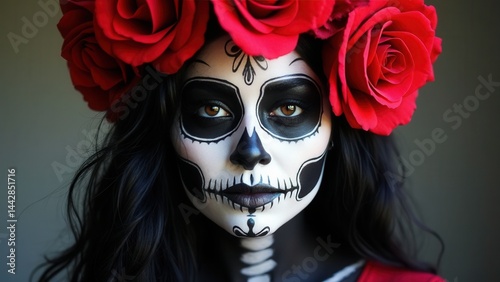 Halloween beauty portrait of a skeleton woman of death, the makeup on the face. Girl death Halloween costume. Day of The Dead. Charming and dangerous Calavera Catrina.