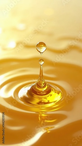 Splashes and drops of liquid oil. Fresh Olive or motor engine oil eco nature golden color close-up. Shine yellow Cosmetic oil or Cosmetic Essence Liquid drop. .