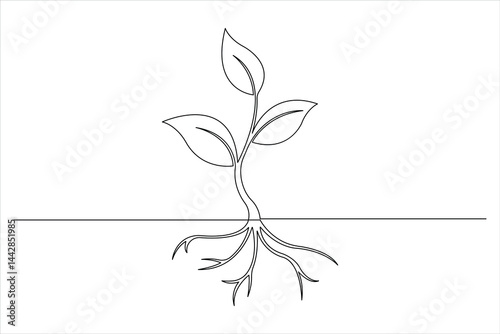 Growth plant in continuous single Line art drawing. Sprout with leaves in simple linear style isolated one line vector illustration