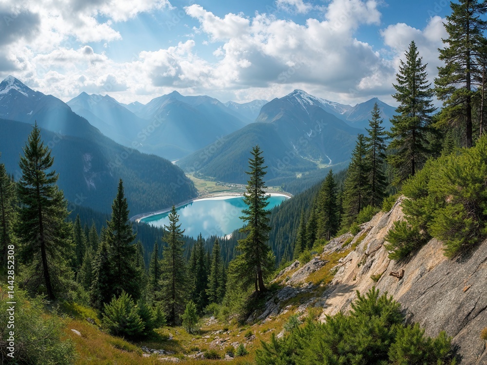 Panorama collage of photos of a trip to the Altai of Russia. Beautiful landscape of forests and mountains of Siberia. Amazing nature of Russia, Altai Krai.