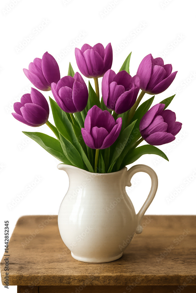 Bright Purple Tulips Arranged in a White Vase on a Wooden Table in a Simple Indoor Setting