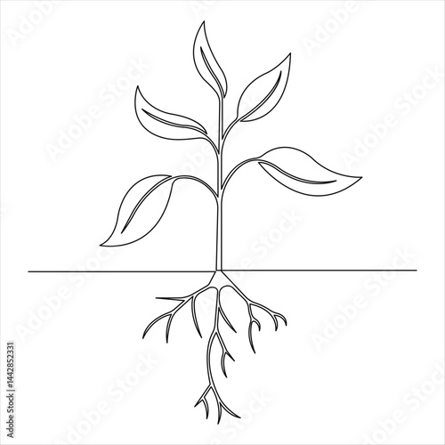 Growth plant in continuous single Line art drawing. Sprout with leaves in simple linear style isolated one line vector illustration
