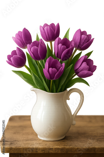 Obraz na płótnie Bright Purple Tulips Arranged in a White Vase on a Wooden Table in a Simple Indoor Setting w salonie