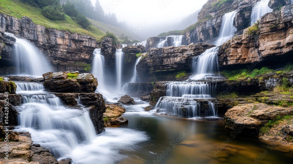 Fototapeta premium Majestic Mountain Waterfall Surrounded by Lush Greenery in Mist