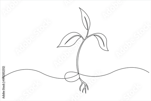 Growth plant in continuous single Line art drawing. Sprout with leaves in simple linear style isolated one line vector illustration