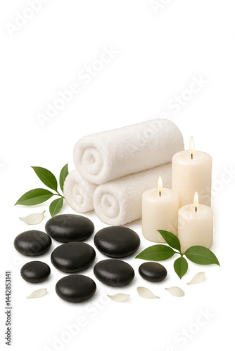 Relaxing Spa Setup With Candles, Towels, and Smooth Stones Creating a Soothin...