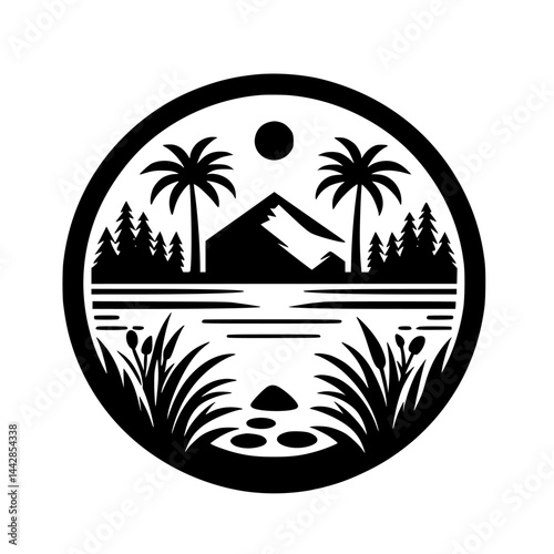 Minimalist Black and White Nature Landscape Circle Emblem Silhouette Graphic Design