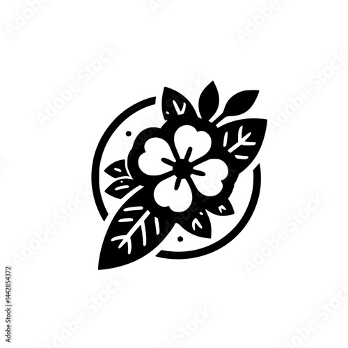 Minimalist Black Floral Graphic Icon with Leaves and Circle Segment on White Background, Simple Modern Nature Emblem Design