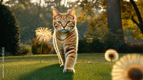 Playful Ginger Cat Walking on Lush Green Grass with Sparkling Flower in the Background