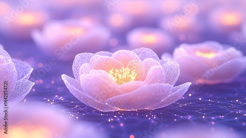 Luminous, translucent flowers glow softly, nestled on a network of sparkling light