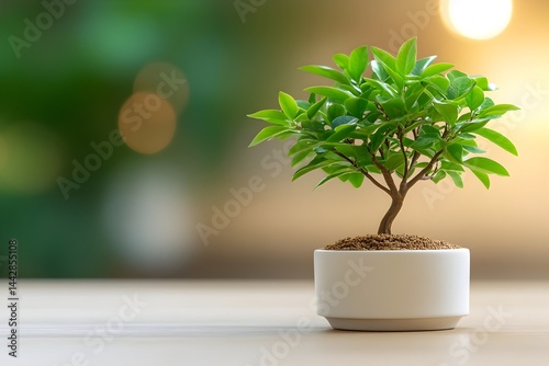 Small potted plant with vibrant green leaves sits on a wooden surface against a blurred background of warm light and greenery