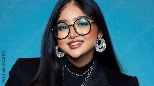 Stylish young woman with glasses and bold accessories posing against vibrant blue background