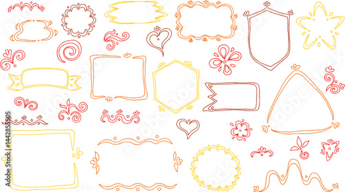 Set of hand drawn curved line label frames in different colors yellow and red shades: flower labels, shield, hexagon, triangle, ribbon label, tape, flowers, wavy lines