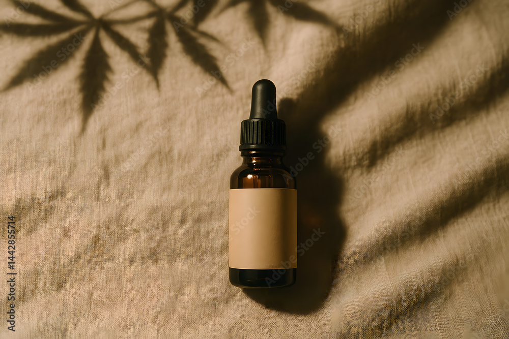 Fototapeta premium CBD Oil Bottle with Cannabis Leaf Shadow