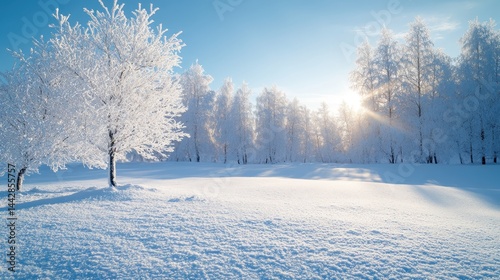 Serene winter landscape with snow-covered trees at sunrise