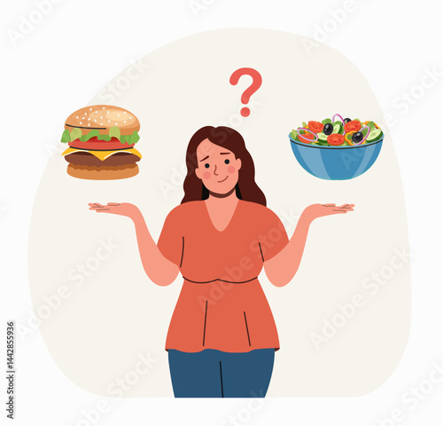 Young fat woman chooses between fast food and vegetables. Question mark in think bubble. Flat style cartoon vector illustration.