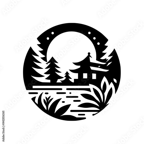 Free Download Minimalist Black & White Silhouette: Zen Landscape with Pagoda, Trees, and Water in Circle Emblem Design - GFXLoad