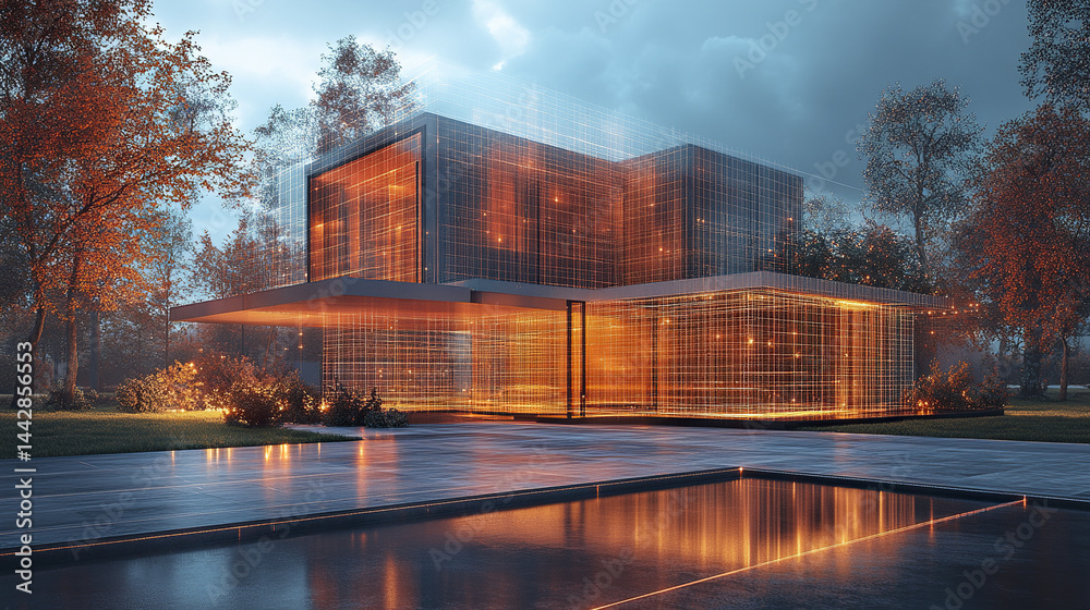 Obraz premium Modern architecture with transparent wireframe grid, showcasing stunning design and vibrant