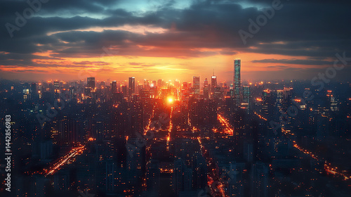 Wallpaper Mural stunning city skyline at sunset, showcasing vibrant lights and dramatic sky Torontodigital.ca