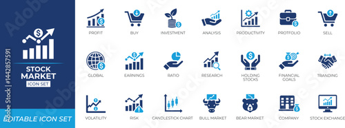 Stock market icon set. Solid icon collection design.