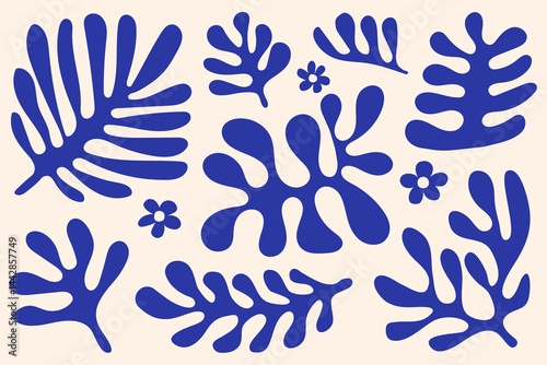 Abstract coral shape in the style of blue matisse. Trendy and minimalist organic poster art. Vector illustration