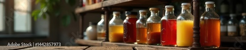Glass brine bottle hangs from rustic metal rack, kitchen, beverage, industrial