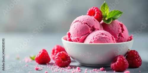 Pink berry ice cream, mint, raspberries, dewberries, colorful, summer, summer dessert