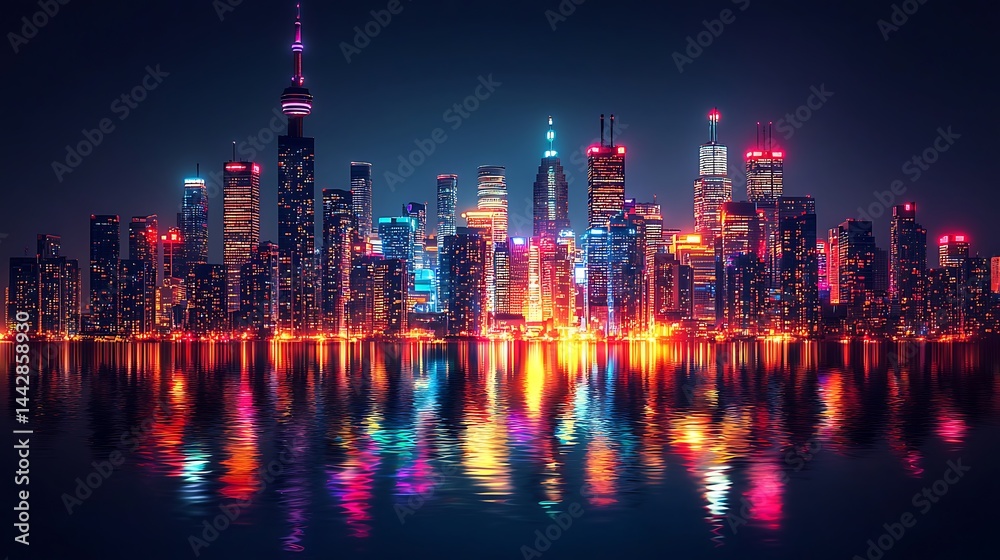 Fototapeta premium Stunning night skyline over water high resolution picture