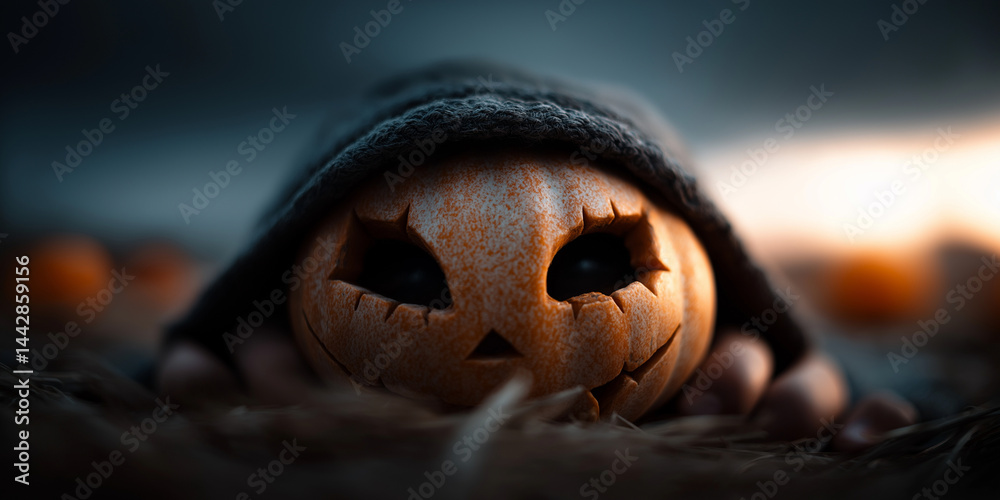 Halloween-Kürbis mit geschnitztem Gesicht und Kerze im Inneren nachts im Freien