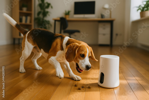 Beagle Dog with Automatic Pet Feeder